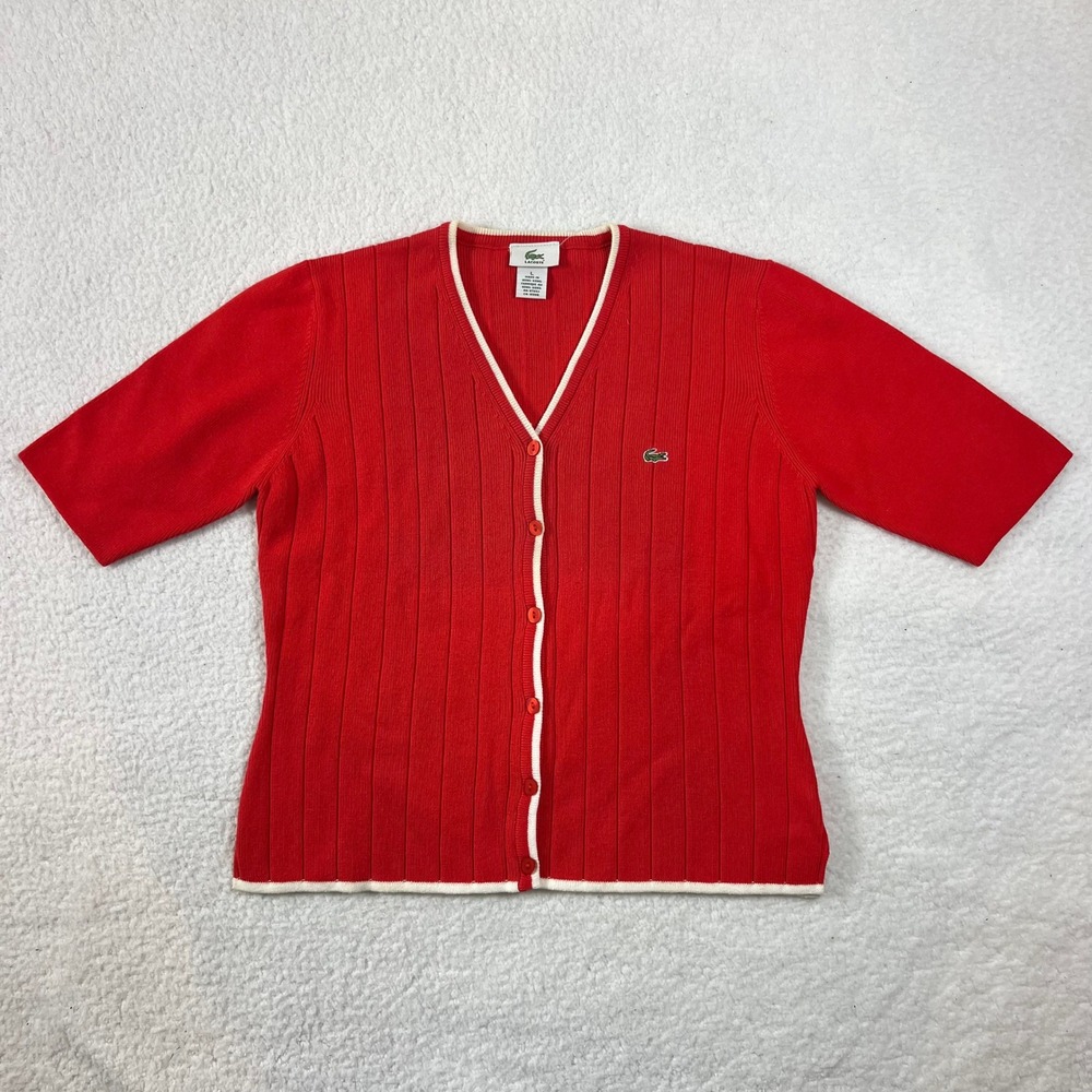 Lacoste Red Ribbed V Neck Short Sleeve Button Up Cardigan Sweater‎ Women's L VTG